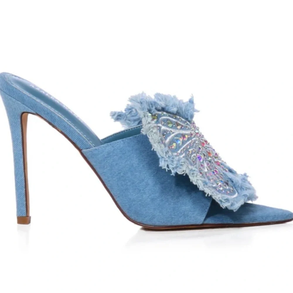NIB AZALEA WANG ALAYA EMBELLISHED BUTTERFLY STILETTO IN WASHED DENIM SIZE 6 - Picture 4 of 17